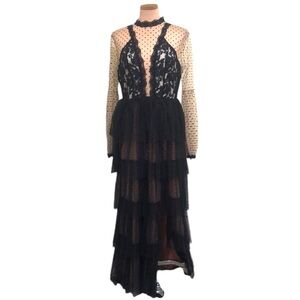Vintage Maxi Dress Size Large Black Sheer Nude Polka Dot Lace Formal Gown